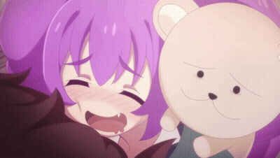 A Girl With Purple Hair Holds A Teddy Bear GIF