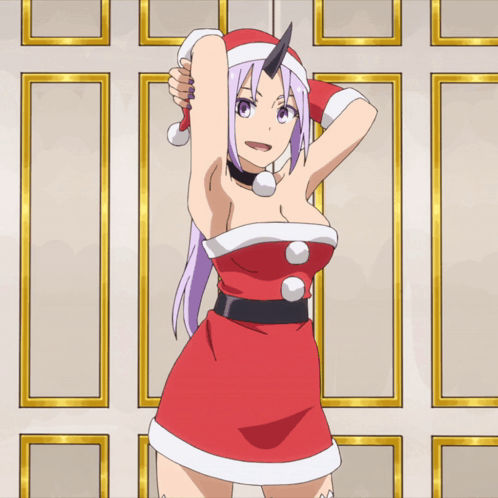 A Girl With Purple Hair Is Dressed In A Santa Claus Outfit GIF