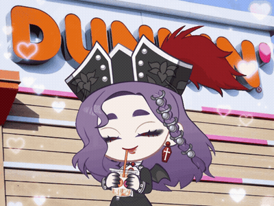 A Girl With Purple Hair Is Drinking Through A Straw In Front Of A Dunkin ' Donuts Sign GIF
