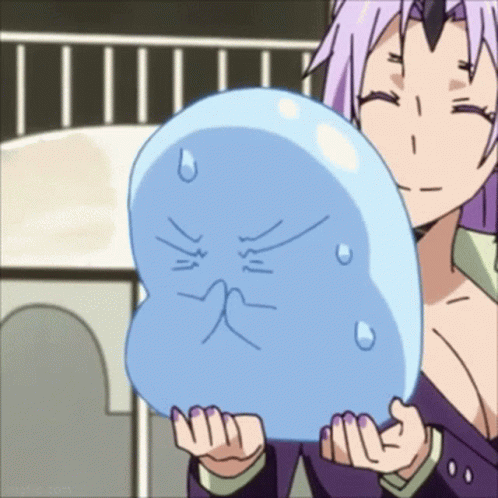 A Girl With Purple Hair Is Holding A Blue Balloon With A Face Drawn On It GIF