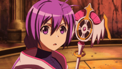 A Girl With Purple Hair Is Holding A Cane With Wings GIF