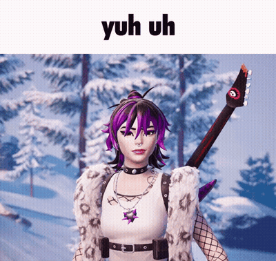 A Girl With Purple Hair Is Holding A Guitar In Front Of A Snowy Forest And The Words Yuh Uh Are Above Her GIF