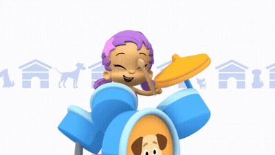 A Girl With Purple Hair Is Playing Drums With A Dog Behind Her GIF