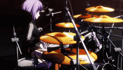A Girl With Purple Hair Is Playing Drums With A Paiste Drum Set GIF