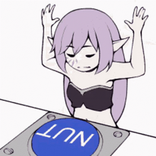 A Girl With Purple Hair Is Pressing A Button That Says " Nut " GIF