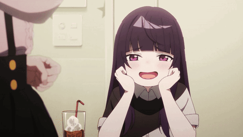 A Girl With Purple Hair Is Sitting At A Table With A Glass Of Milkshake GIF