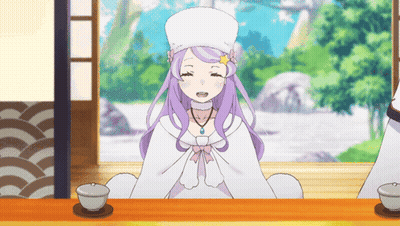 A Girl With Purple Hair Is Sitting At A Table With Two Cups Of Tea GIF