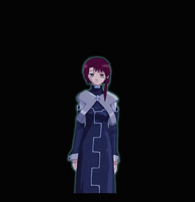 A Girl With Purple Hair Is Standing In A Dark Room With Her Hands On Her Hips GIF
