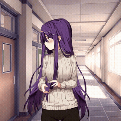 A Girl With Purple Hair Is Standing In A Hallway With A Sweater On GIF
