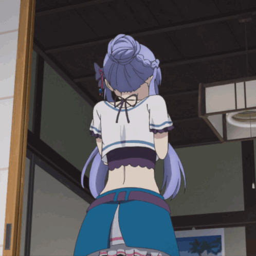 A Girl With Purple Hair Is Standing In A Room With Her Back To The Camera GIF