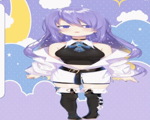 A Girl With Purple Hair Is Standing In Front Of A Cloudy Sky GIF