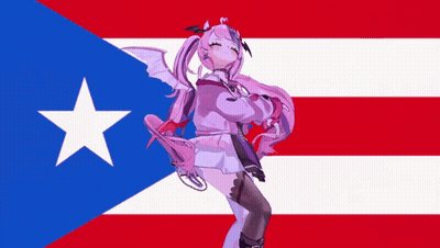 A Girl With Purple Hair Is Standing In Front Of A Flag GIF