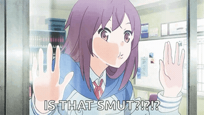 A Girl With Purple Hair Is Standing In Front Of A Glass Door And Says Is That Smut GIF