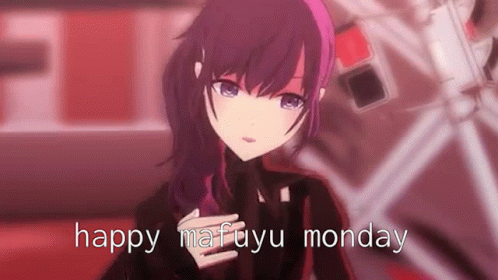 A Girl With Purple Hair Is Standing In Front Of A Microphone And Says `` Happy Mafuyu Monday '' . GIF