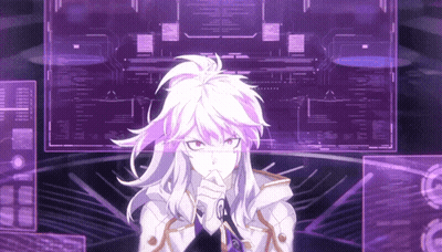 A Girl With Purple Hair Is Standing In Front Of A Screen GIF