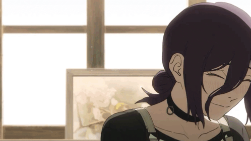 A Girl With Purple Hair Is Standing In Front Of A Window With Her Eyes Closed GIF