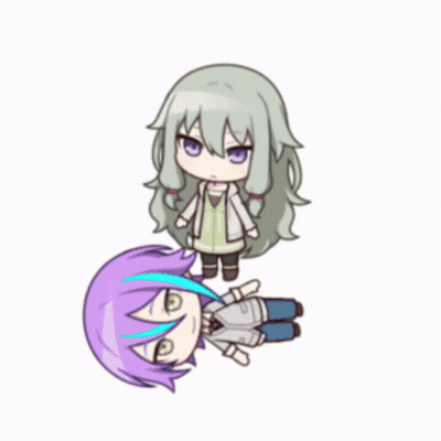a girl with purple hair is standing next to a boy who is laying on the ground .