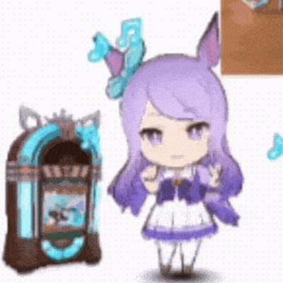 A Girl With Purple Hair Is Standing Next To A Jukebox GIF