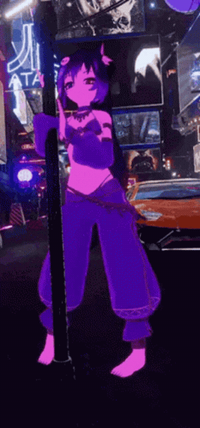 A Girl With Purple Hair Is Standing Next To A Pole In Front Of A Sign That Says Ata GIF