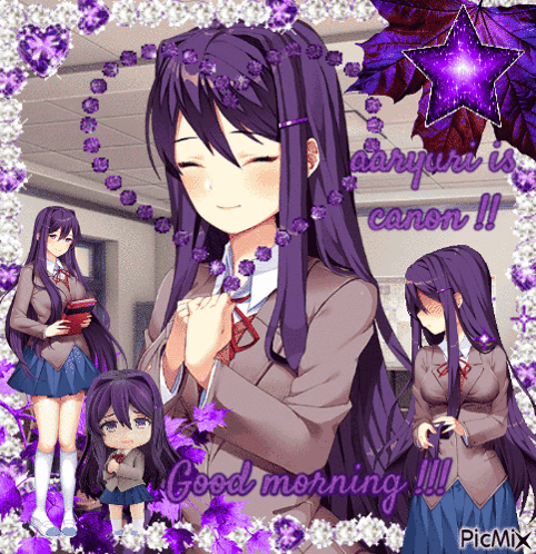 A Girl With Purple Hair Is Surrounded By Purple Flowers And Says Daryuu Is Canon GIF