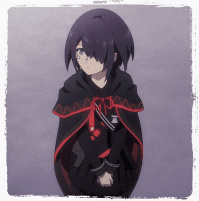 A Girl With Purple Hair Is Wearing A Black Cape With A Red Border GIF