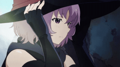 A Girl With Purple Hair Is Wearing A Black Hat GIF
