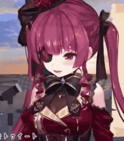 A Girl With Purple Hair Is Wearing A Red Dress And A Black Hat . GIF