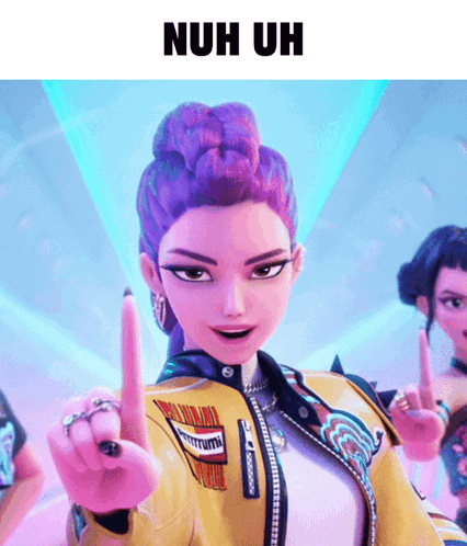 A Girl With Purple Hair Is Wearing A Yellow Jacket And Making A Peace Sign GIF