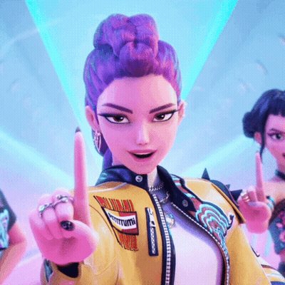 A Girl With Purple Hair Is Wearing A Yellow Jacket With A Patch On It That Says ' Rumm ' On It GIF