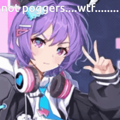 A Girl With Purple Hair Is Wearing Headphones And Making A Peace Sign GIF