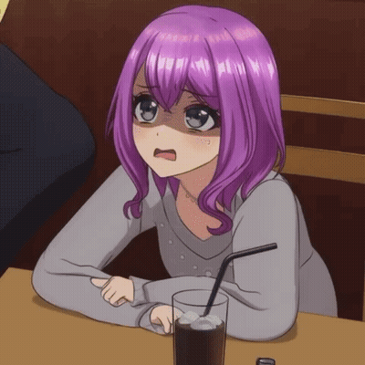 A Girl With Purple Hair Sitting At A Table With A Glass Of Soda GIF