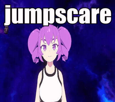A Girl With Purple Hair Stands In Front Of A Jumpscare Logo GIF