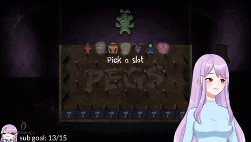 A Girl With Purple Hair Stands In Front Of A Screen That Says Pegs GIF
