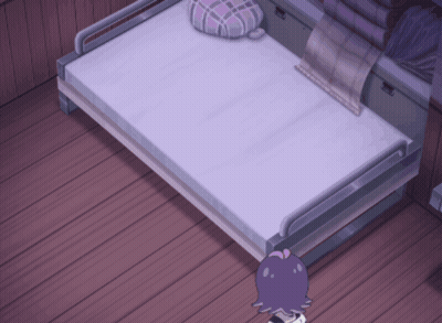 A Girl With Purple Hair Stands Next To A Bed GIF