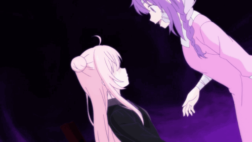 A Girl With Purple Hair Stands Next To A Girl With Pink Hair GIF