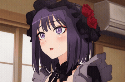 A Girl With Purple Hair Wearing A Black Hat With Red Roses On It GIF