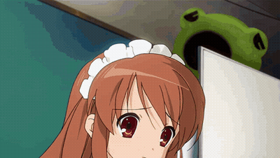 A Girl With Red Eyes And A White Maid 'S Headband Looks At The Camera GIF