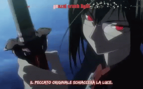 A Girl With Red Eyes Is Holding A Sword And The Words Il Peccato Originale Schiacciera La Luce GIF