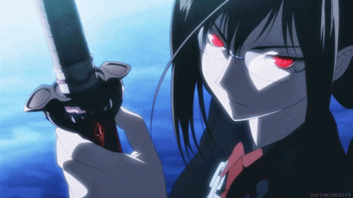 A Girl With Red Eyes Is Holding A Sword With Justanimegifs At The Bottom GIF