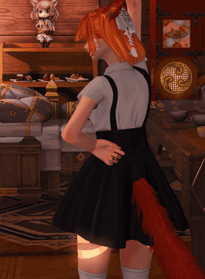 A Girl With Red Hair And A Black Skirt Is Standing In A Living Room GIF