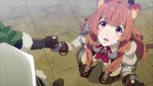 A Girl With Red Hair And A Cat Ear Is Looking Up At Something GIF