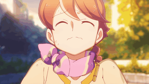 A Girl With Red Hair And A Pink Scarf Around Her Neck Is Sweating GIF