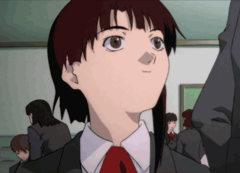 A Girl With Red Hair And A Red Tie Is Looking Up GIF