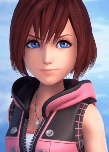 A Girl With Red Hair And Blue Eyes Is Wearing A Pink Vest And Necklace GIF