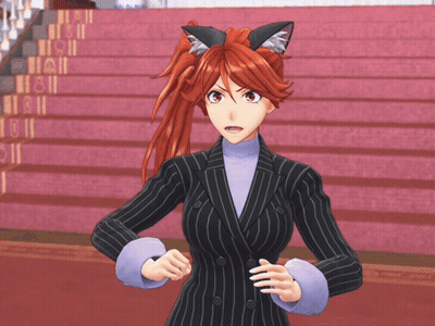 A Girl With Red Hair And Cat Ears Is Standing In Front Of A Set Of Stairs GIF