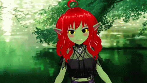 A Girl With Red Hair And Green Ears Is Standing In A Forest GIF