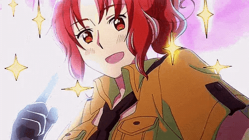 A Girl With Red Hair And Green Eyes Is Holding A Knife In Her Hand . GIF