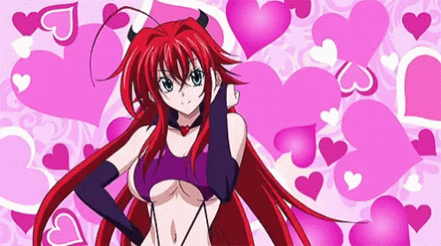 A Girl With Red Hair And Horns Is Standing In Front Of A Background Of Pink Hearts GIF