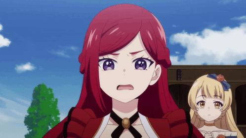 A Girl With Red Hair And Purple Eyes Is Standing Next To Another Girl With Blonde Hair GIF
