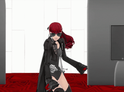 A Girl With Red Hair And Sunglasses Stands In A Room GIF